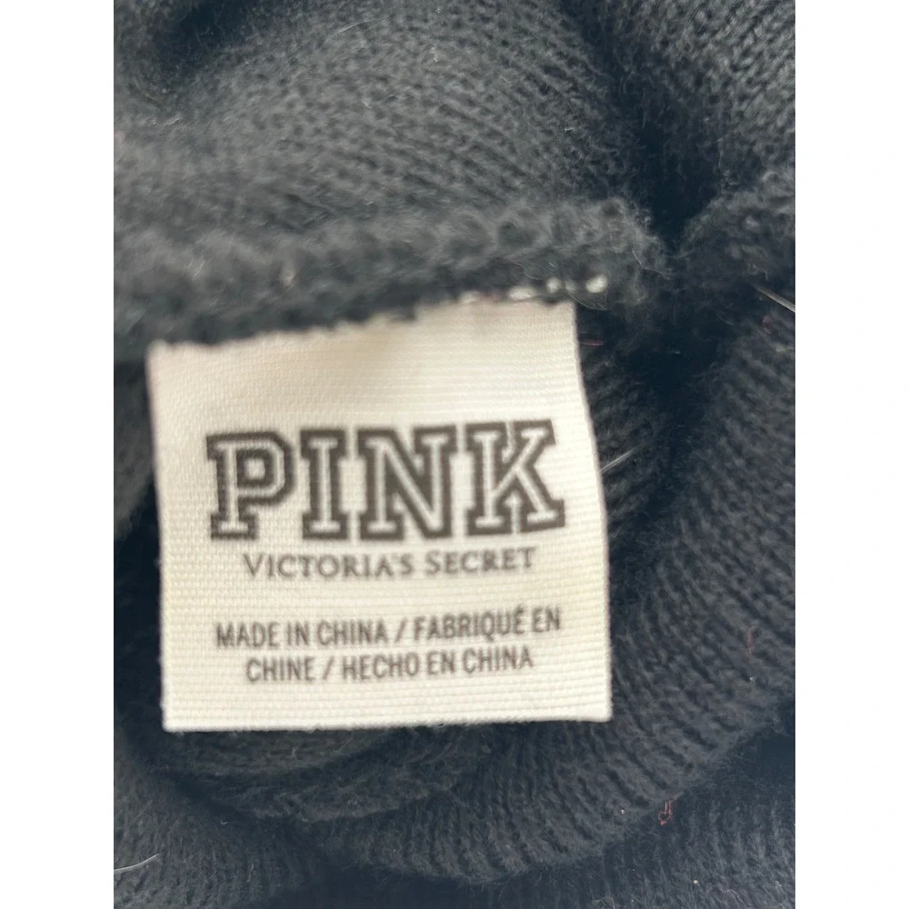 Victorias Secret PINK Beanie Hat Black Red Snowflake Fair Isle Pom Pom Knit